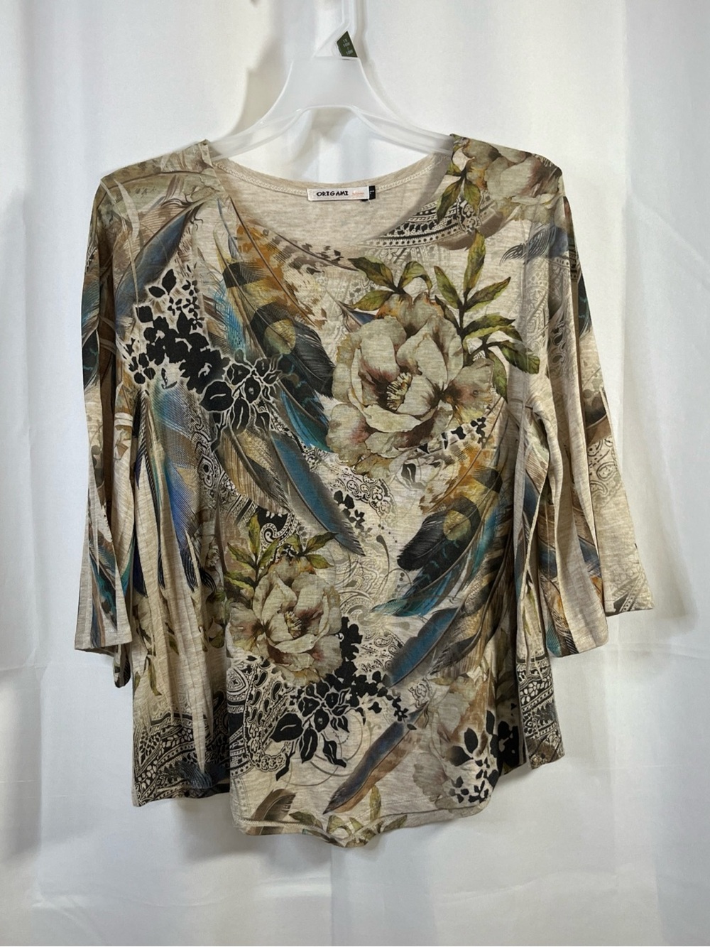 Y2K Origami Womens Top Floral Graphic Blue Feather Collage Print Blouse Large